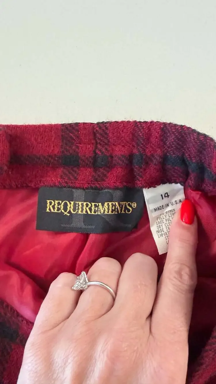 Vintage Red Black Plaid Wool Blend Midi Skirt with Fringe Size 14